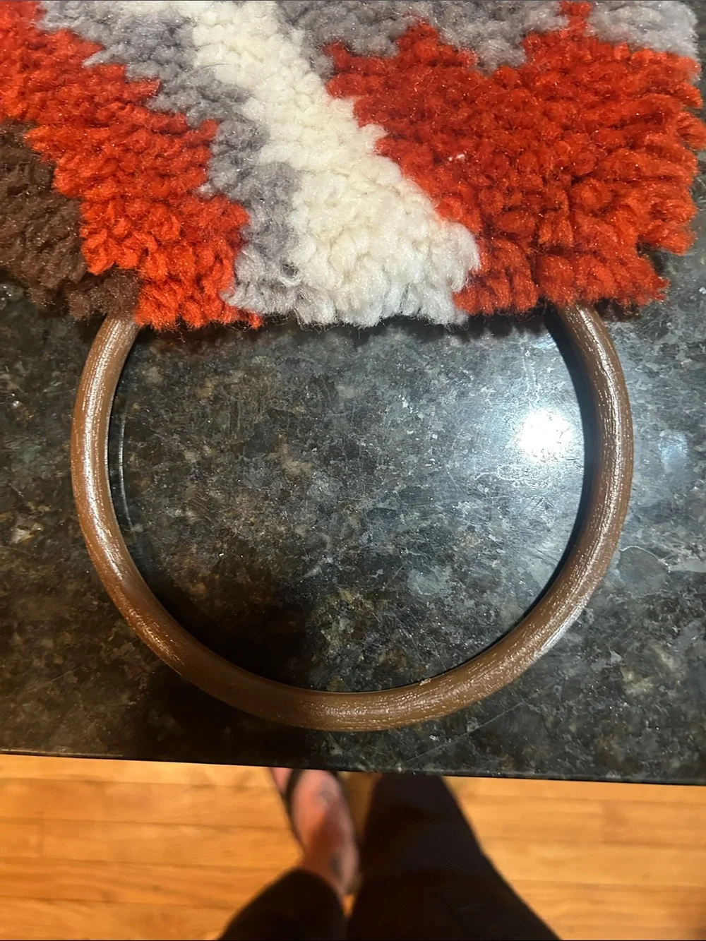 Vintage Handmade Owl Hooked Potholder in Mustard, Orange, Gray & White